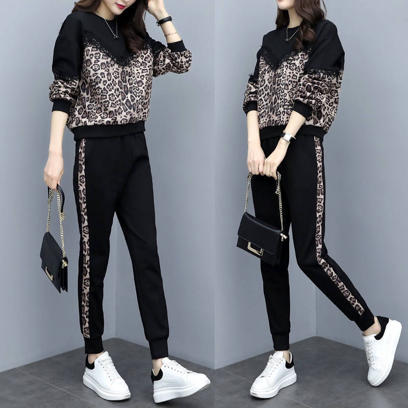 Unique Setelan Wanita Leopard Bunga Print Blus T-Shirt Renda Lengan Panjang + Celana Panjang 2Pcs Set Wear