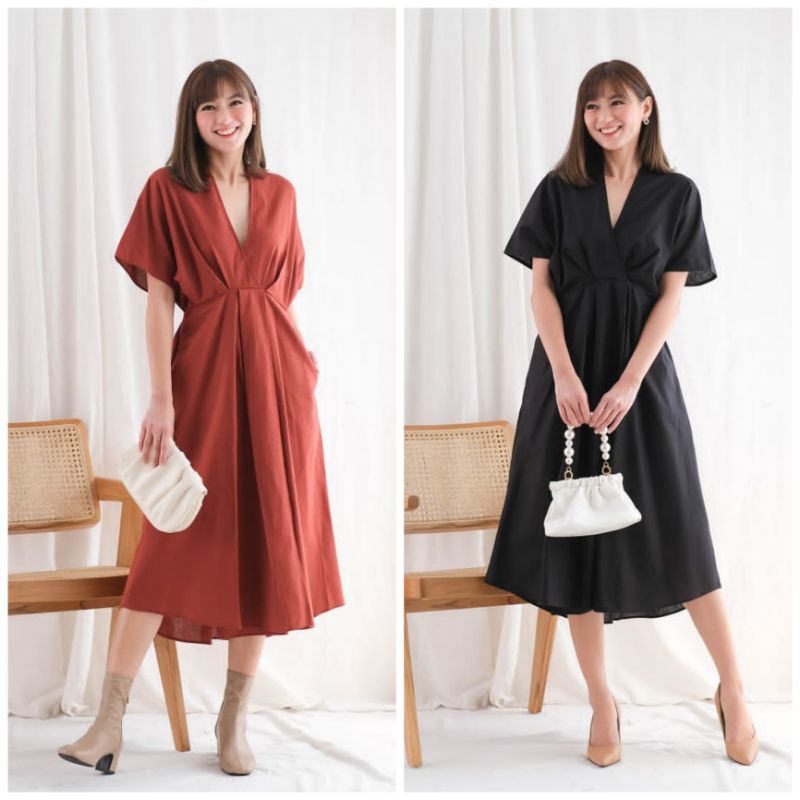 ❣️SPECIAL PRICE ♡ PREMIUM ♡ ORIGINAL ! NATHANIA VINTAGE BIG SIZE KIMONO V-NECK SLING PLAIN SLIT MIDI DRESS