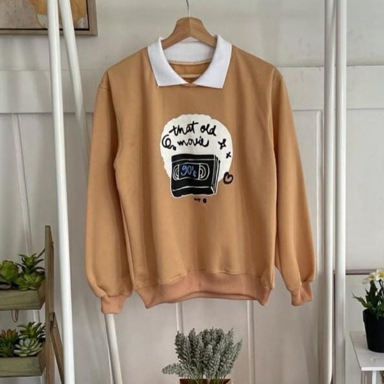 COD - Old Movie Sweater Combi Kerah Premium Fleece Tebal Outerwear Remaja Wanita Korean Style-4