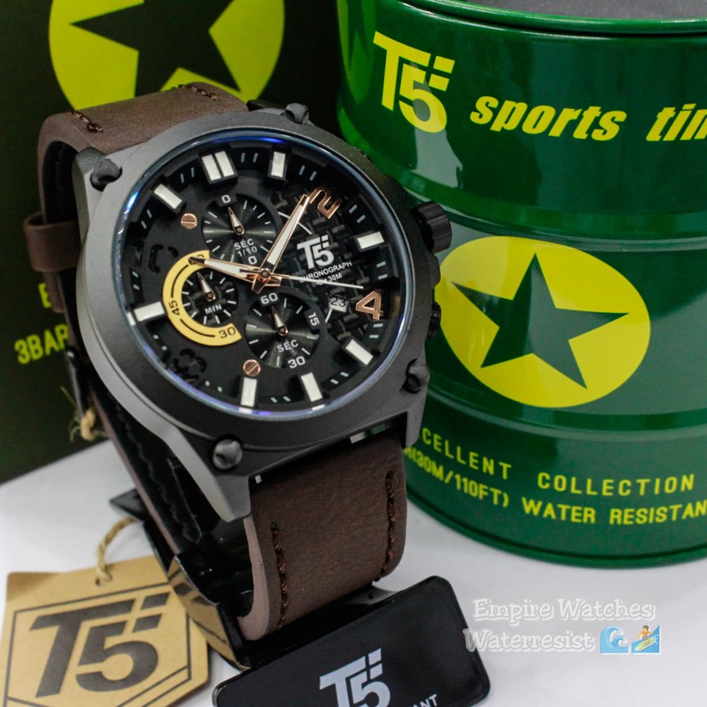 Jam Tangan T5 H3479G H3479 3479 Pria Cowok Analog Chrono dan Tanggal Aktif Strap Leather Original Wa