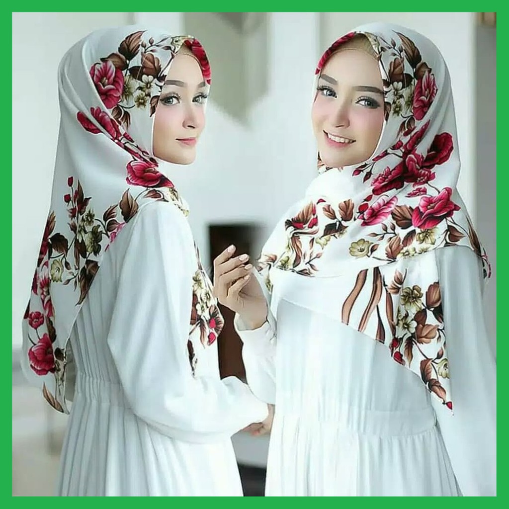 ✅ Gayatri Triangle Hijab Segi Tiga Instan Bubbleprint Kerudung Motif Bunga Blooming Rose White Cream