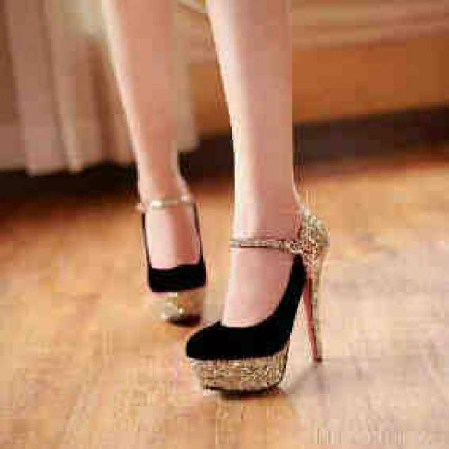 High Heels Gold Hitam 12 cm - HS320