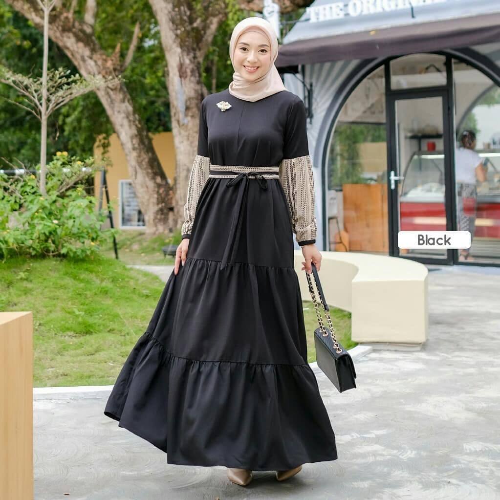 Nadira Gamis Wanita Turkey Shakila Premium Dress Lengan Panjang Brukat Malika Abaya Muslim Rempel Kombinasi Obi Baju Muslim Kekinian