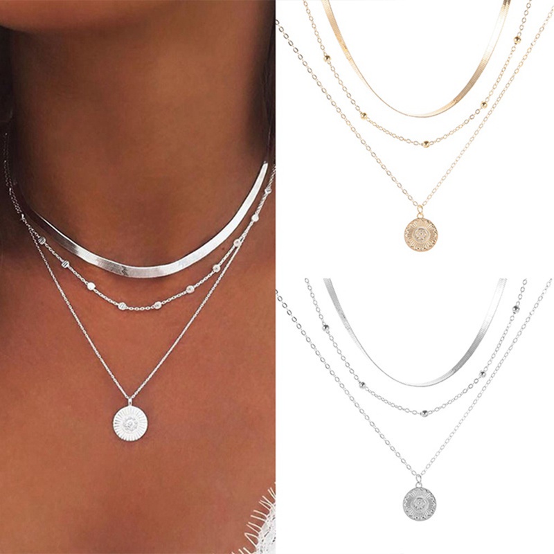 Fancyqube Kalung Rantai Multilayer Bahan Alloy Warna Silver Gaya Bohemia Untuk Wanita