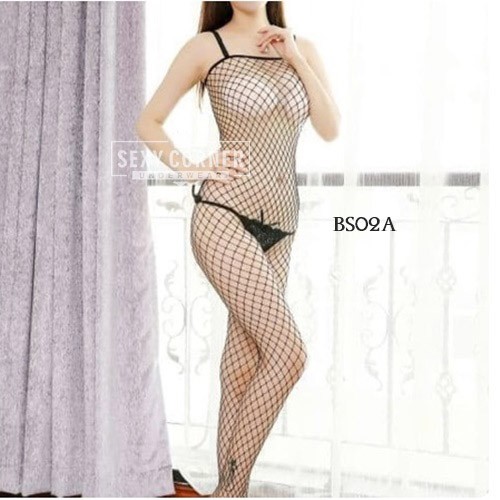 Body Stocking Jaring Open Crotch Full Body Hitam BS02A