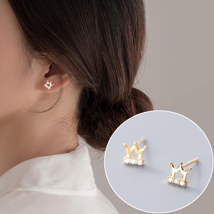 1 Pasang Anting Kristal Berlian Mahkota Sederhana Berlapis Emas S925 Sterling Perak Fashion Wanita Perhiasan Earring Stud
