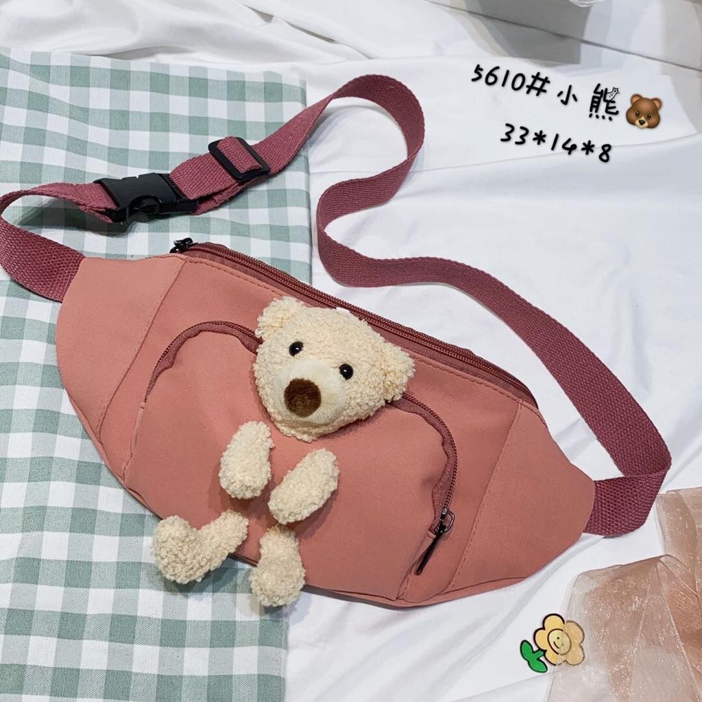 TAS PINGGANG WAIST BAG SELEMPANG KANVAS EXTRA KANTONG DEPAN BONEKA BERUANG BEAR LUCU Ta5610 ko ko