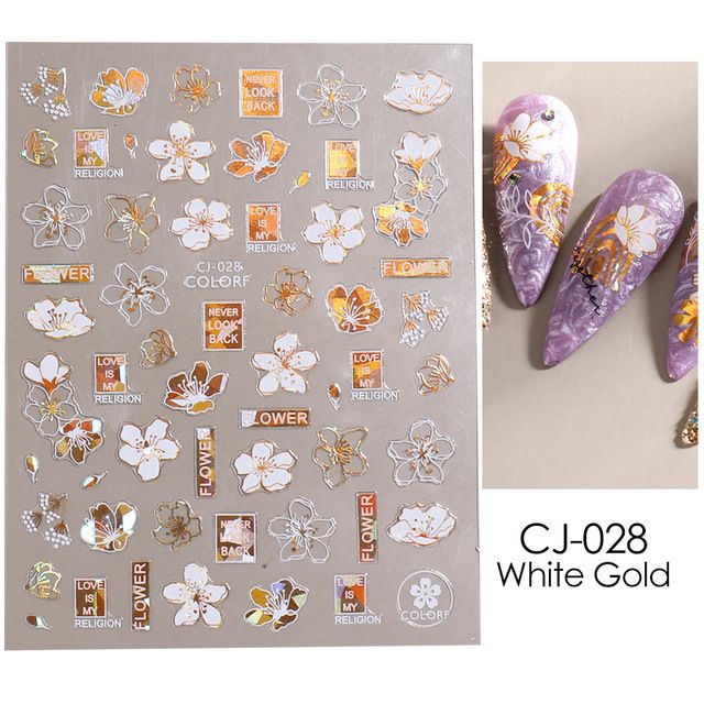 STICKER GOLD WHITE FLOWER LEOPARD NAIL STICKER / HIASAN NAILART STICKER PALING LARIS GAYA JEPANG STICKER GOLD METAL