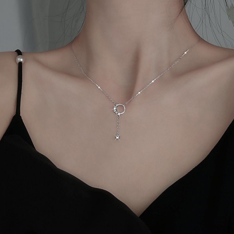 Kalung Choker Rantai Klavikula Bentuk Bulat Hias Liontin Rumbai Kristal Kilau Untuk Wanita