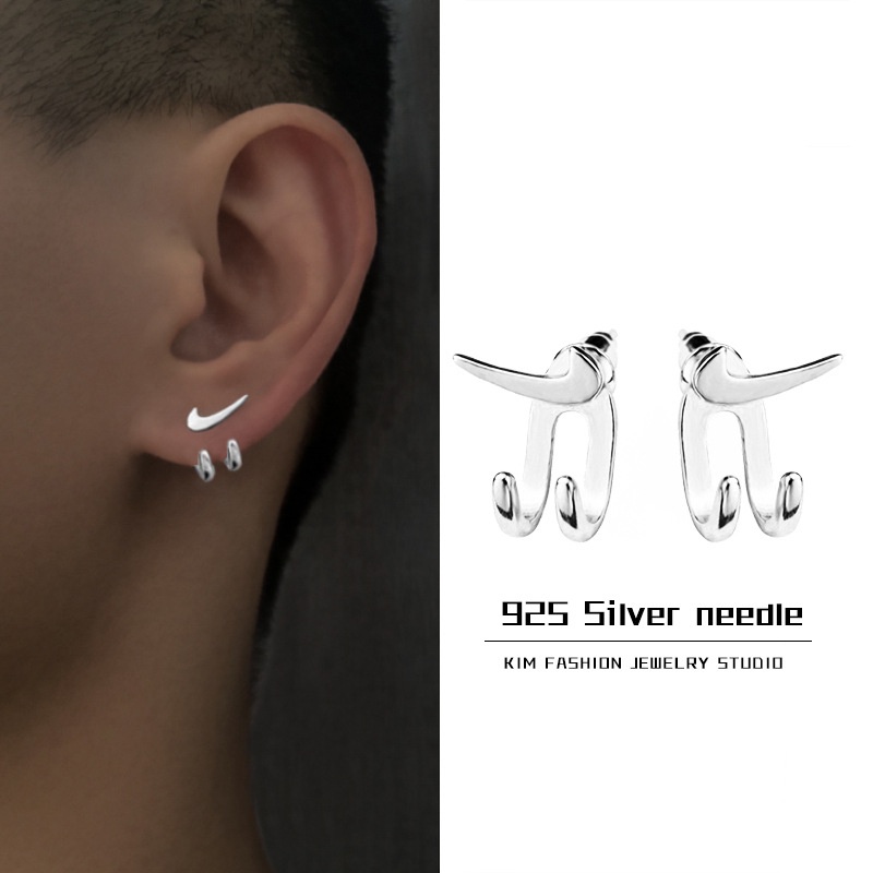 925 Sterling Silver Personality Hip Hop Pair Hook Paw Earrings Male Ins Niche Earrings