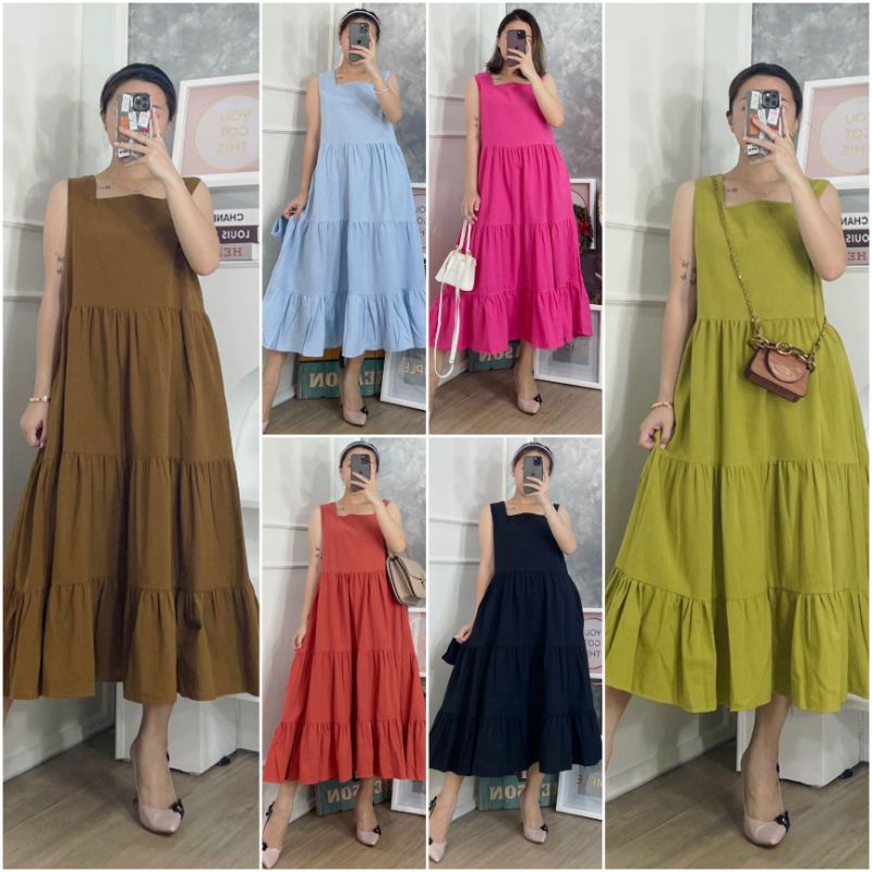 ⚡️ SALE ⚡️ PREMIUM ♡ ORIGINAL ! LIVIANNE VINTAGE LESS SLEEVE TRAP LAYER FLARE MIDI DRESS OVERALL OUTER ( BUMIL &amp; HIJAB FRIENDLY )