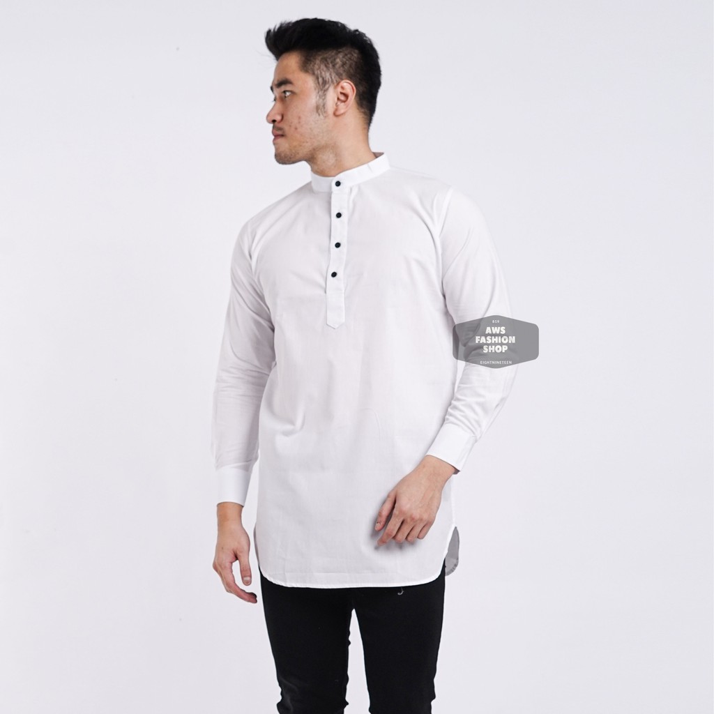 Kemeja Kurta Lengan Panjang Pria Cowok Putih White Polos Kerah Shanghai Ada Big Size