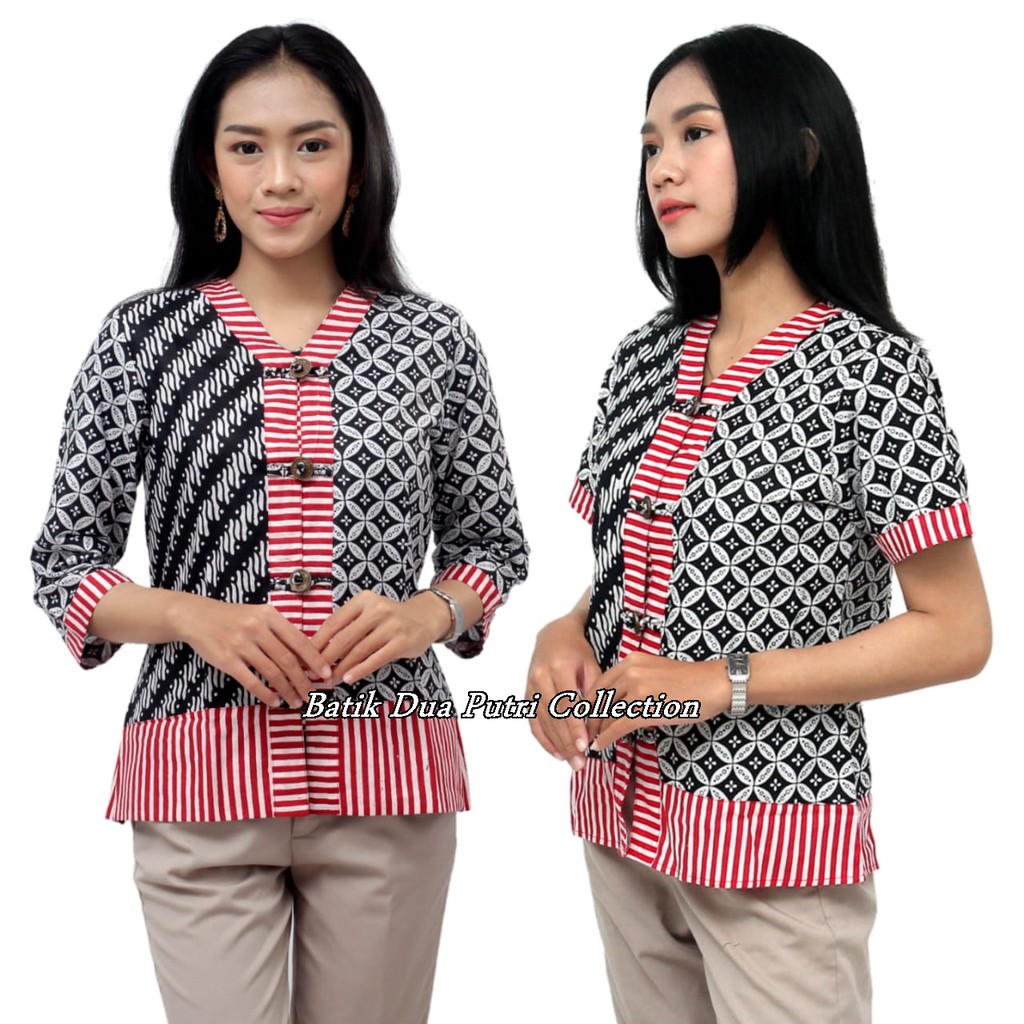 Batik Wanita Atasan Blouse Modern Trendy Warna Hitam Kombinasi Merah by batik dua putri collection