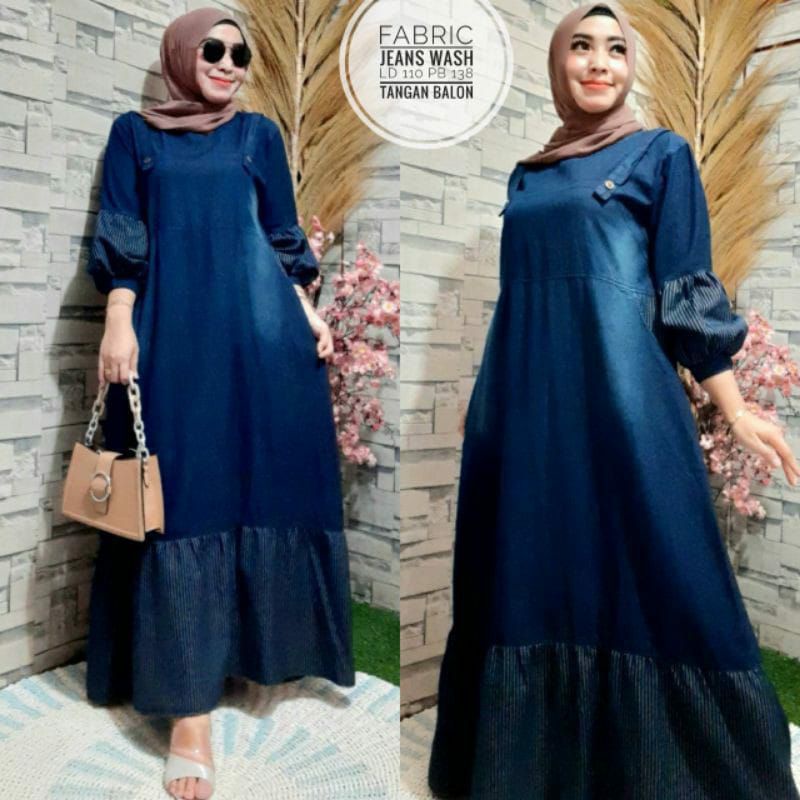 Gamis Long Dress Maxi Bahan Jeans Levis Model Terbaru Murah Diskon Kualitas Premium Bagus