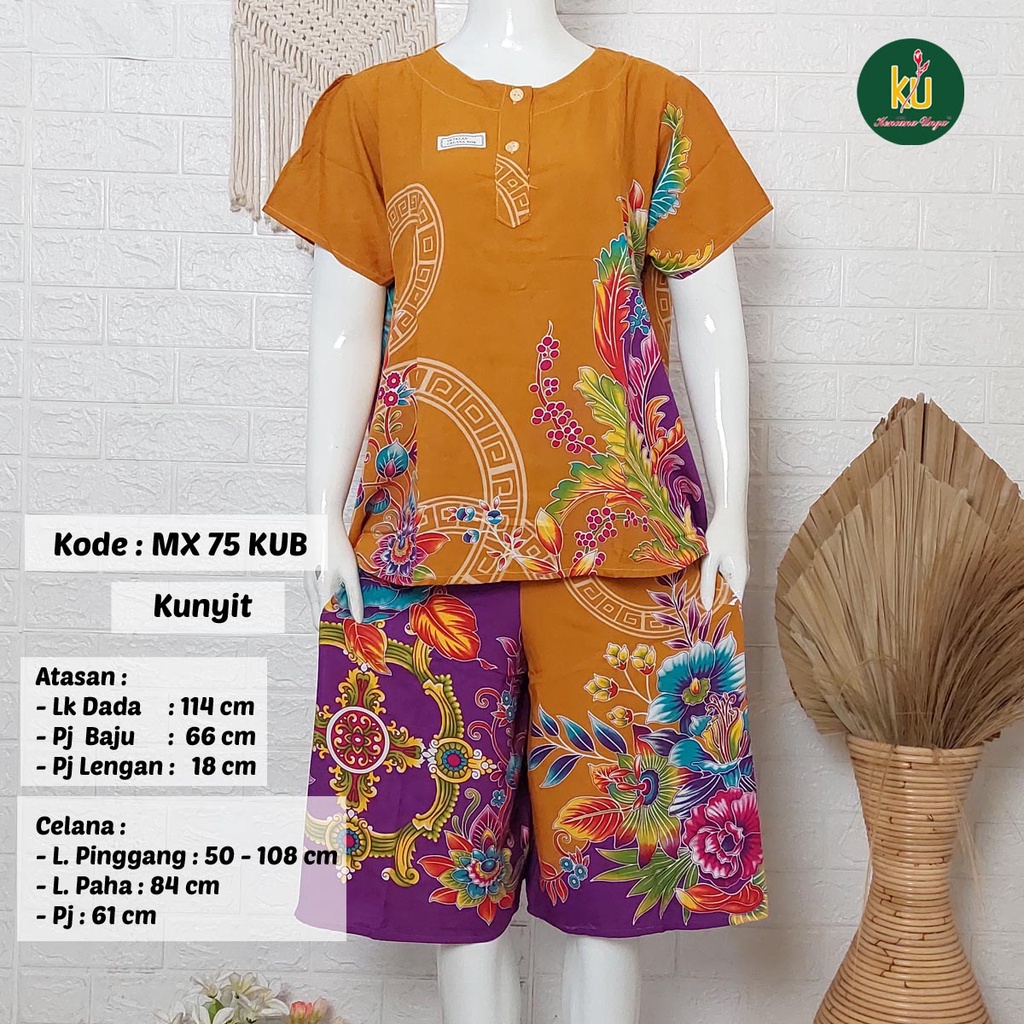 Bisa COD MX75 KUB | Setelan Kulot Celana Pendek Batik Kencana Ungu Asli Label Biru | Baju Santai Piyama Tidur Wanita Kancing Depan Busui Friendly Motif Terbaru-1