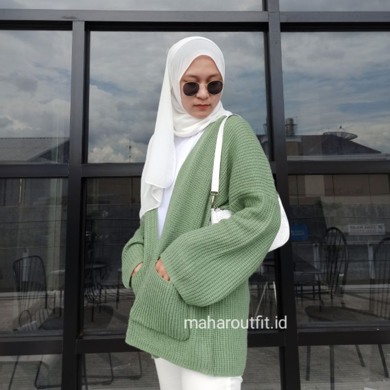 CARDIGAN RAJUT TEBAL OVERSIZE / BEST SELLER!!-Hijau Mint