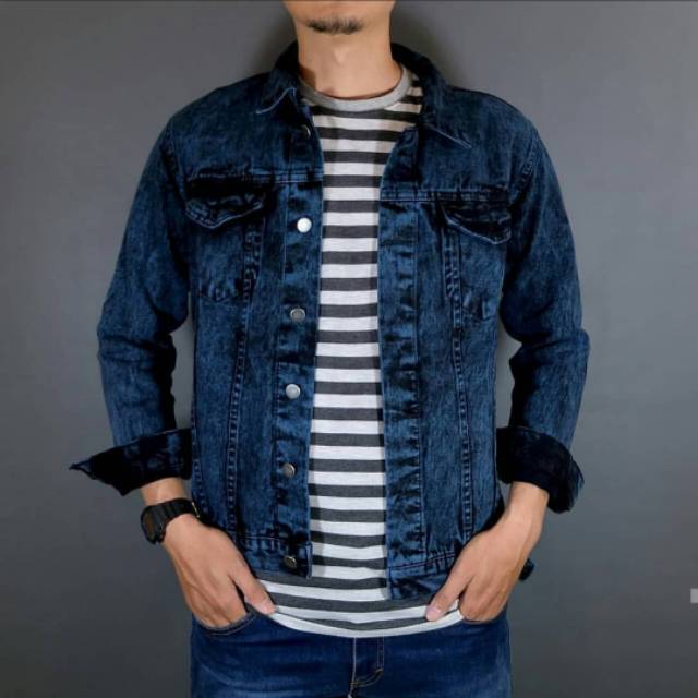 JAKET JEANS PRIA BLUE SANDWASH BAHAN JEANS DENIM TEBAL