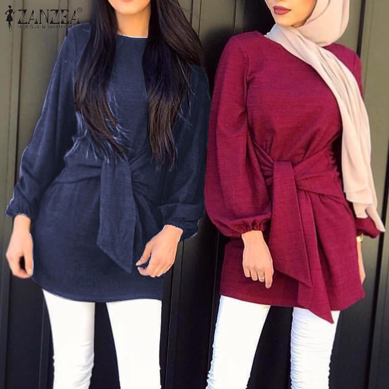 ZANZEA Women Puff Sleeve Solid Color Front Lace-up Muslim Blouse