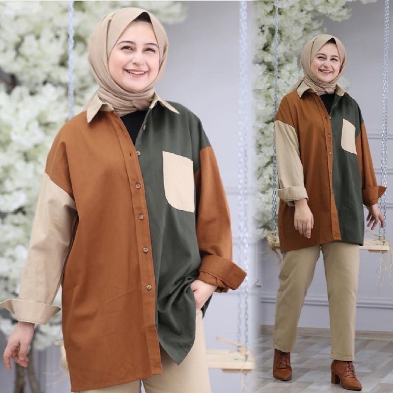 KEMEJA TUNIK COMBINASI SEBELAH WARNA BAHAN MOSCREPE