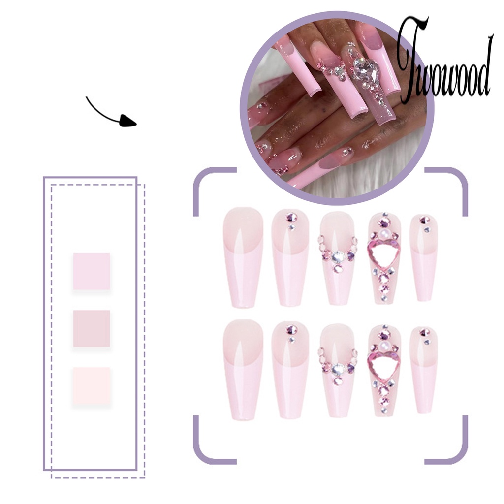 Twowood 24Pcs / Kotak Kuku Palsu Motif Hati Warna Pink Bahan ABS Untuk Nail Art / Salon