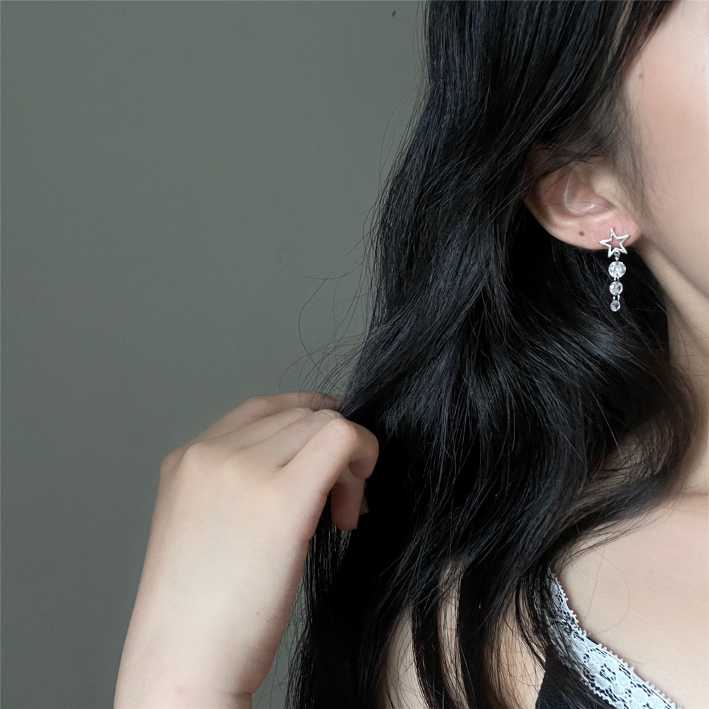 Rhinestone panjang anting-anting untuk Wanita bintang telinga kancing all-match elegan sederhana cah