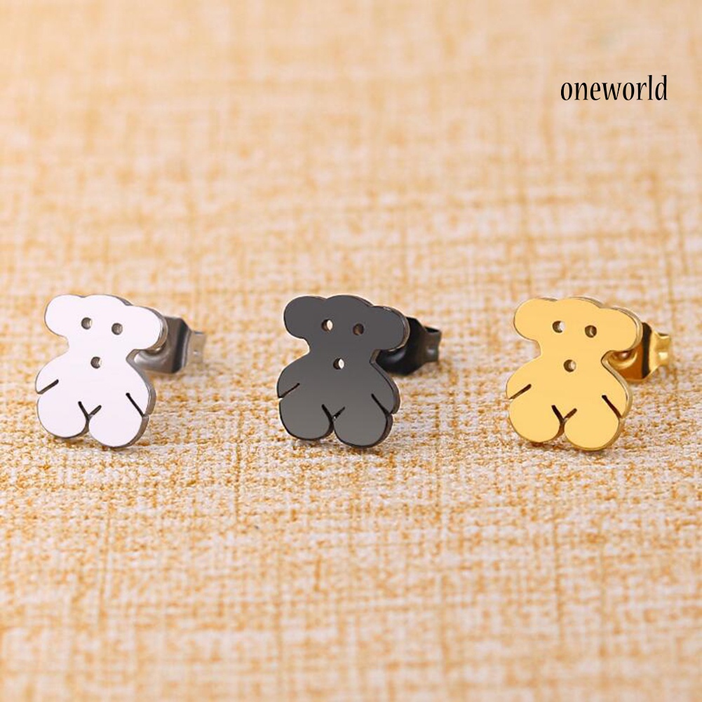 OW@ Women Cute Cartoon Mini Stainless Steel Bear Ear Stud Earrings Jewelry Gift