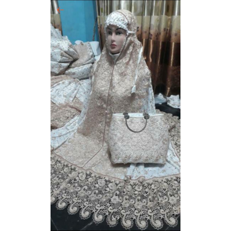 Terbaru mukena Prada kd renda keong mewah tas behel   Putih Murah