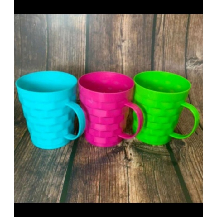 Gelas Plastik Gagang Murah/ Gelas plastik Anyam Bambu warna