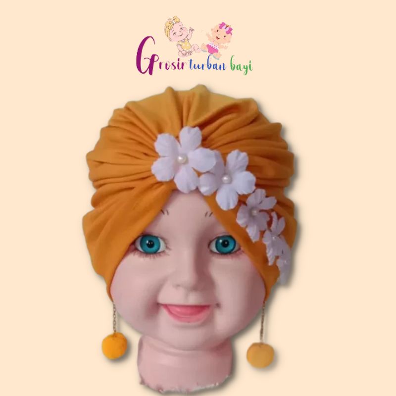 turban bayi anting pompom bunga mutiara/turban bayi perempuan/turban anak pom pom/ciput baby/ciput b