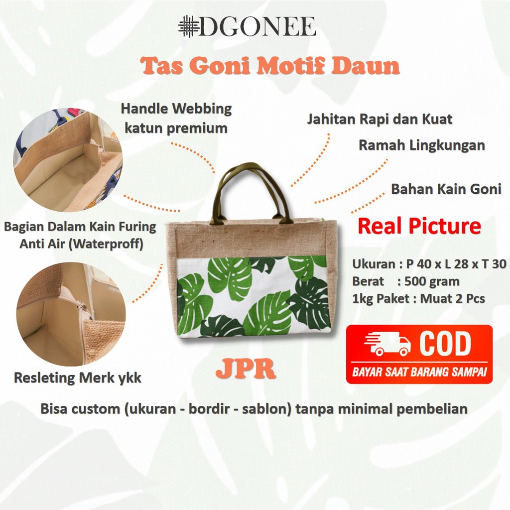 Dgonee JPR Motif Daun Tas Tote Bag Totebag Kain Goni Belanja Kerja Kuliah Wanita Custom | JPR01
