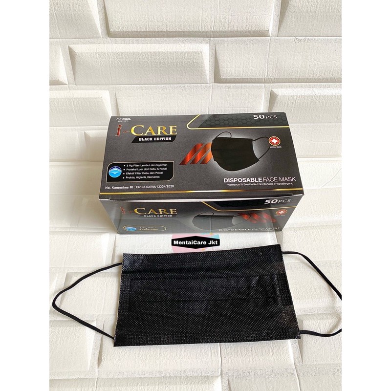 i-Care BLACK Edition Earloop 3ply ICARE Disposable face mask masker hitam bedah