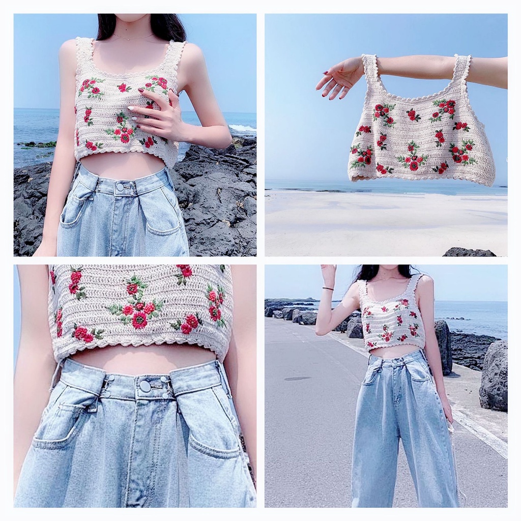 Jeans Kancing Gesper Sederhana Yang Dapat Disesuaikan Desain Bunga Daisy Celana Jeans Crochet Pinggang Pinggang Menyusut-Won