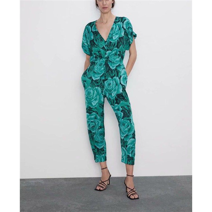 28049 Jumpsuit Hijau Panjang Motif Bunga Green Flower Long Jumpsuit