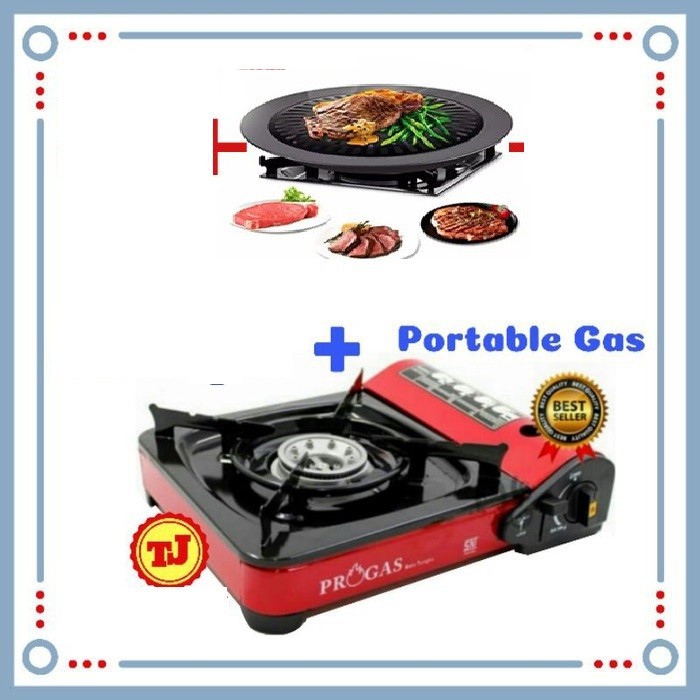 Paket Barbeque/BBQ Set Kompor Portable PROGAS Tas +  Grill plate free 2 buah gas kaleng TOKAI 235 gr