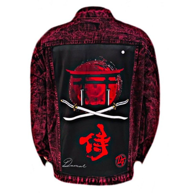 jaket pria jeans sand wash maroon printing gambar belakang original DF denim premium skull metal