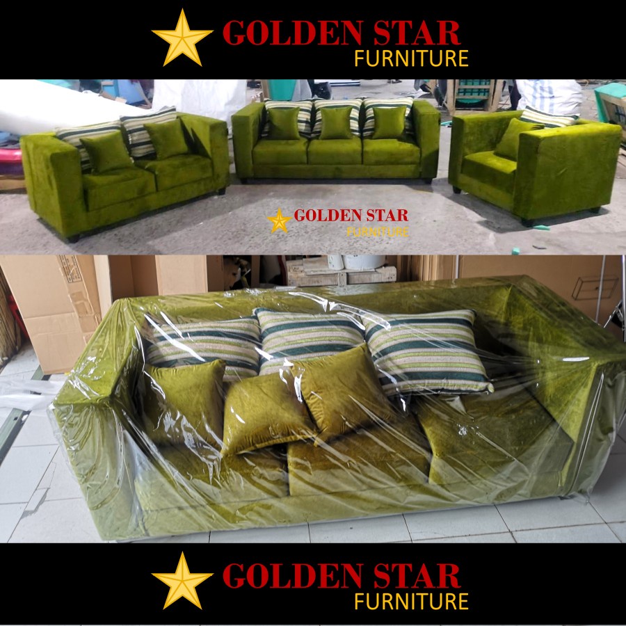 Sofa Kursi Tamu 321 Kain Bludru / Beludru Hijau Minimalis + Bantal