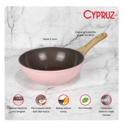 Cypruz FP-0901 Pink Fry Wok Wajan Cekung Induksi Ceramic Coating 24 cm