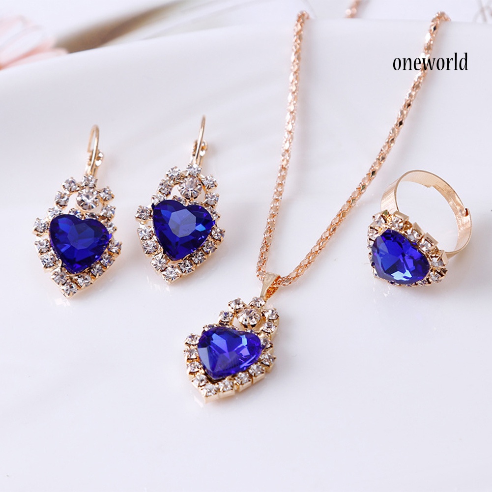 OW@ Women Heart Shape Rhinestone Pendant Necklace Lever Back Earrings Ring Jewelry