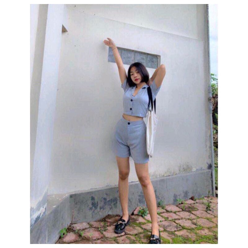 Setelan Crop Kancing Celana Pendek Polos Rayon Bali FIT TO XL