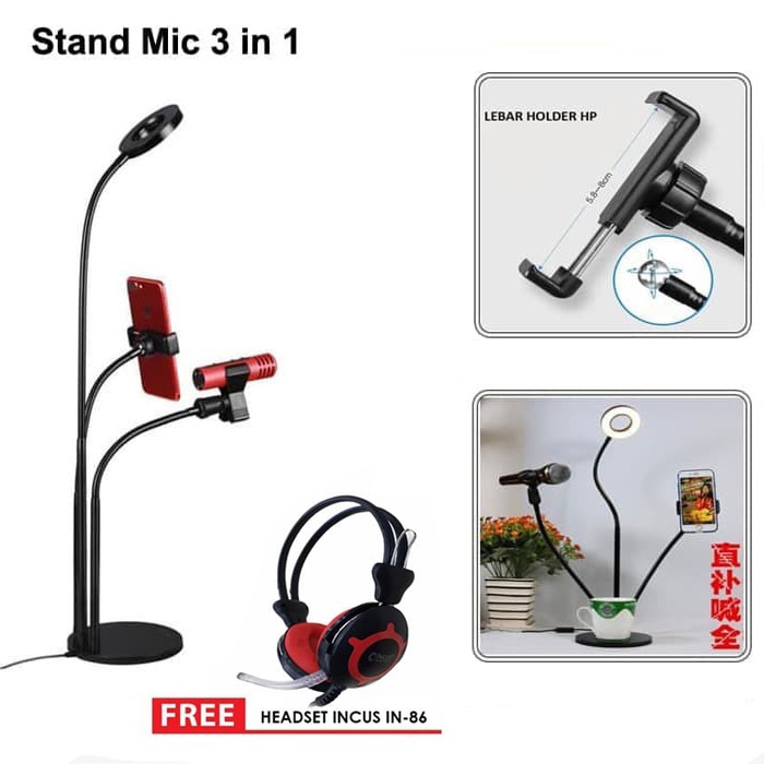 Stand Mic 3 in 1 dengan LED dan Holder HP - Lazypod Smartphone Universal 3 in 1