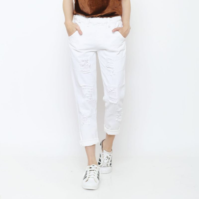 PC10  Celana Boyfriend jeans putih ripped
