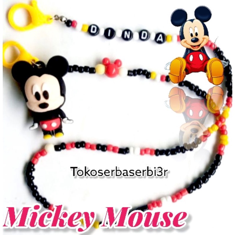 Kalung masker anak Tema Mickey Mouse (ada bandulnya/boneka) / Strap masker anak (bisa request nama/tema/warna)