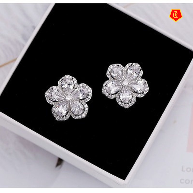 [Ready Stock]925 Silver Elegant Exquisite Cherry Blossom Crystal Stud Earrings