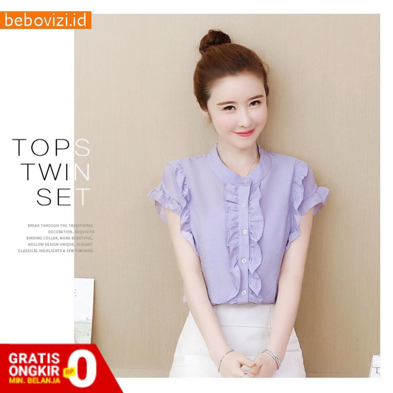 Blouse Wanita Model Kancing Kerah V-Neck Dan Bahan Sifon Warna Polos Bergaya Korea
