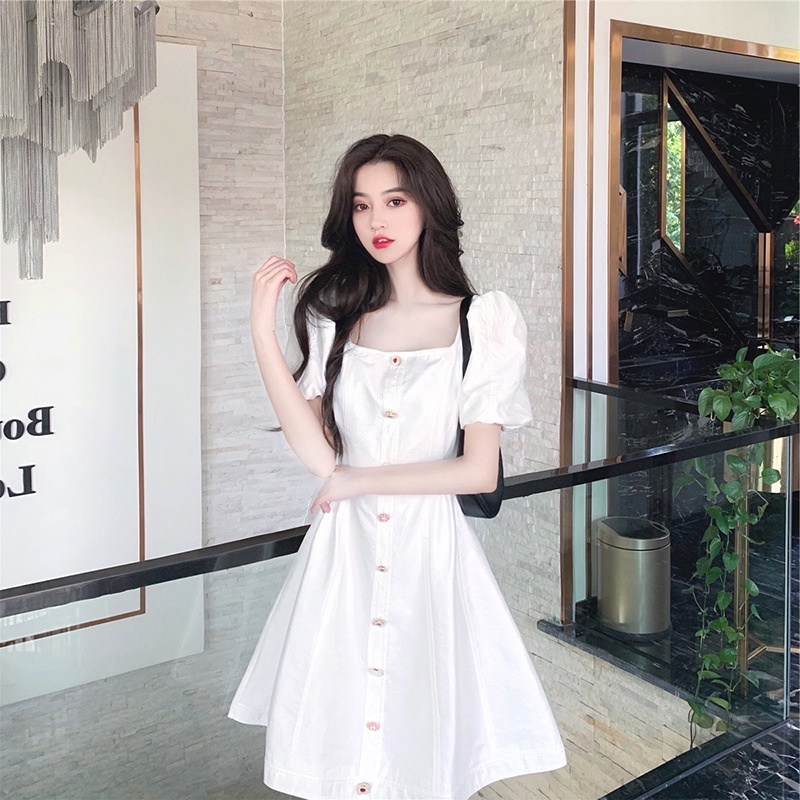 #Sisjuly# Dress Lengan Puff Niche Prancis Putih Wanita