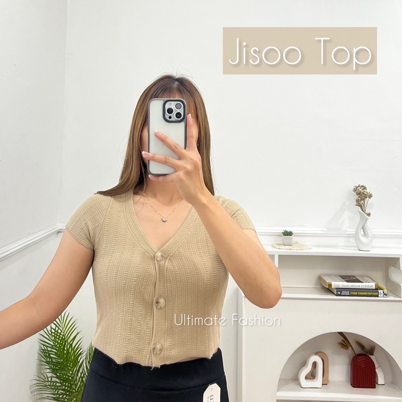 Jisoo Atasan Top  Kemeja Crop Rib Import Wanita Premium Korean Korea Style Kekinian