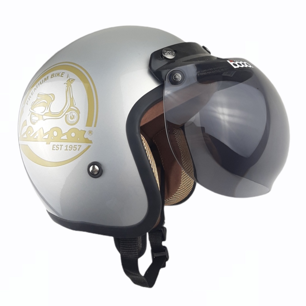 HELM BOGO RETRO Motif Silver Glossy List Emas Full Cat Klasik