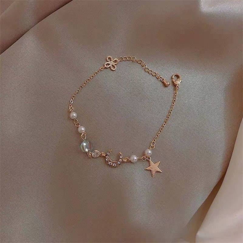 Gelang Rantai Adjustable Pendan Bintangbulan Hias Zirconmutiara Imitasi Gaya Korea