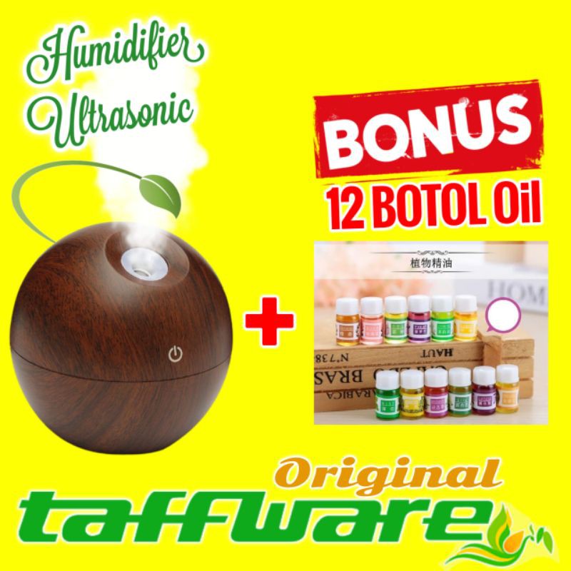 Air Humidifier Diffuser Aromatherapy Aromaterapi Disfuser Taffware Pelembab Pewangi Ruangan 130ml-Coklat New + 12 oil