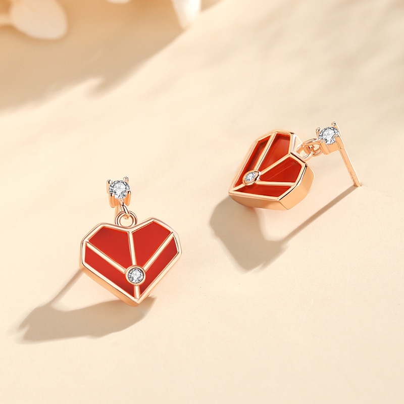 [925Perhiasan Perak] s925 Sterling Silver Cinta Hati Anting-Anting Perempuan Sederhana ins Rose Gold Merah Akik Peach Jantung Anting-Anting Influencer Anting Berkelas